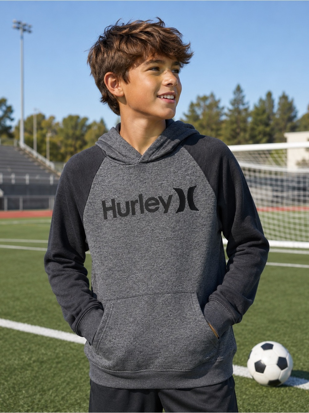 Hurley Dark Gray & Black Raglan Logo Hoodie Boys 10-12
